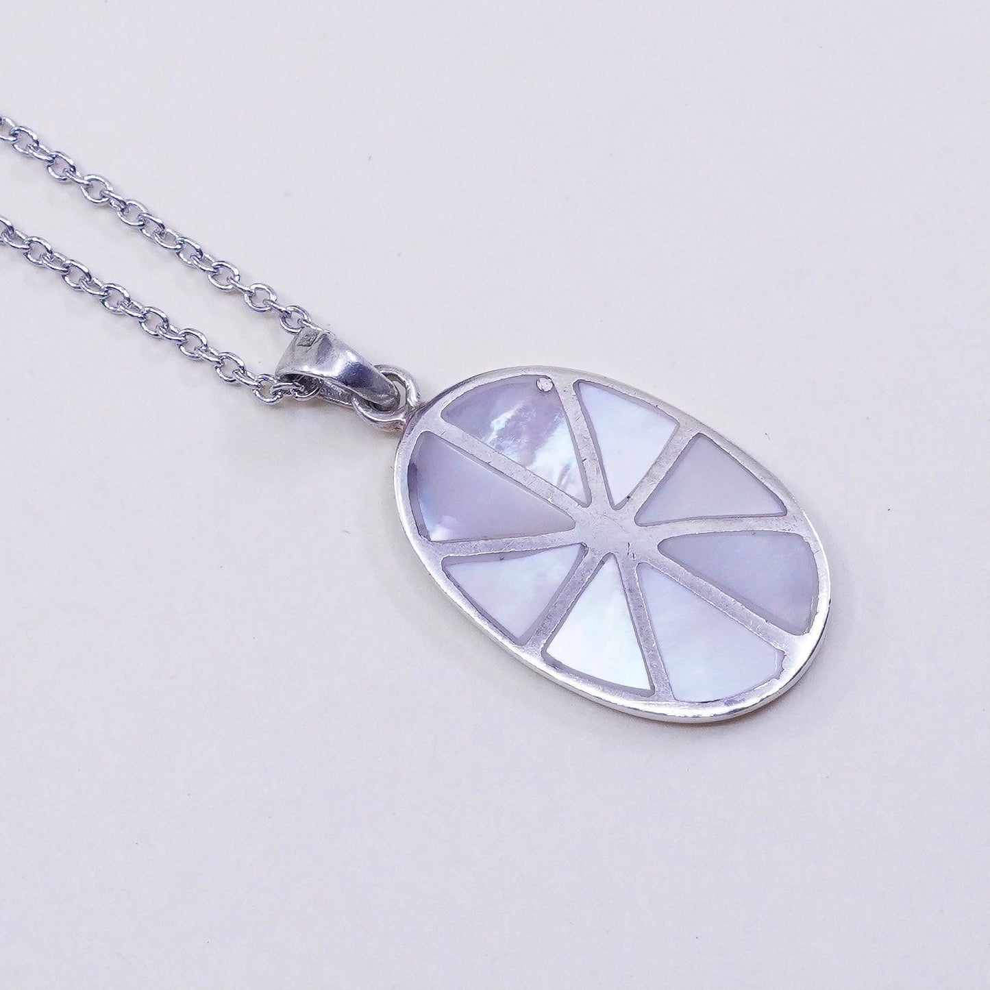 16+2”, Sterling silver necklace, 925 circle chain oval mother of pearl pendant