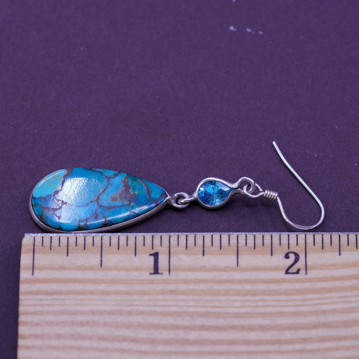 Vintage Sterling 925 silver handmade teardrop earrings with turquoise and topaz