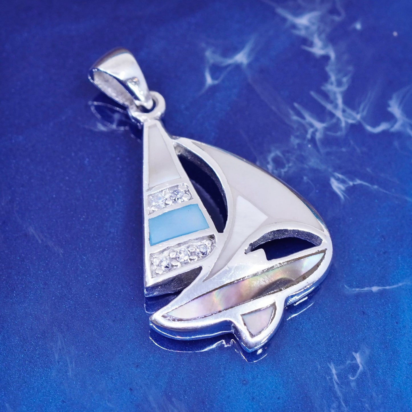 Vintage sterling silver handmade pendant, 925 sailing boat mother of pearl cz