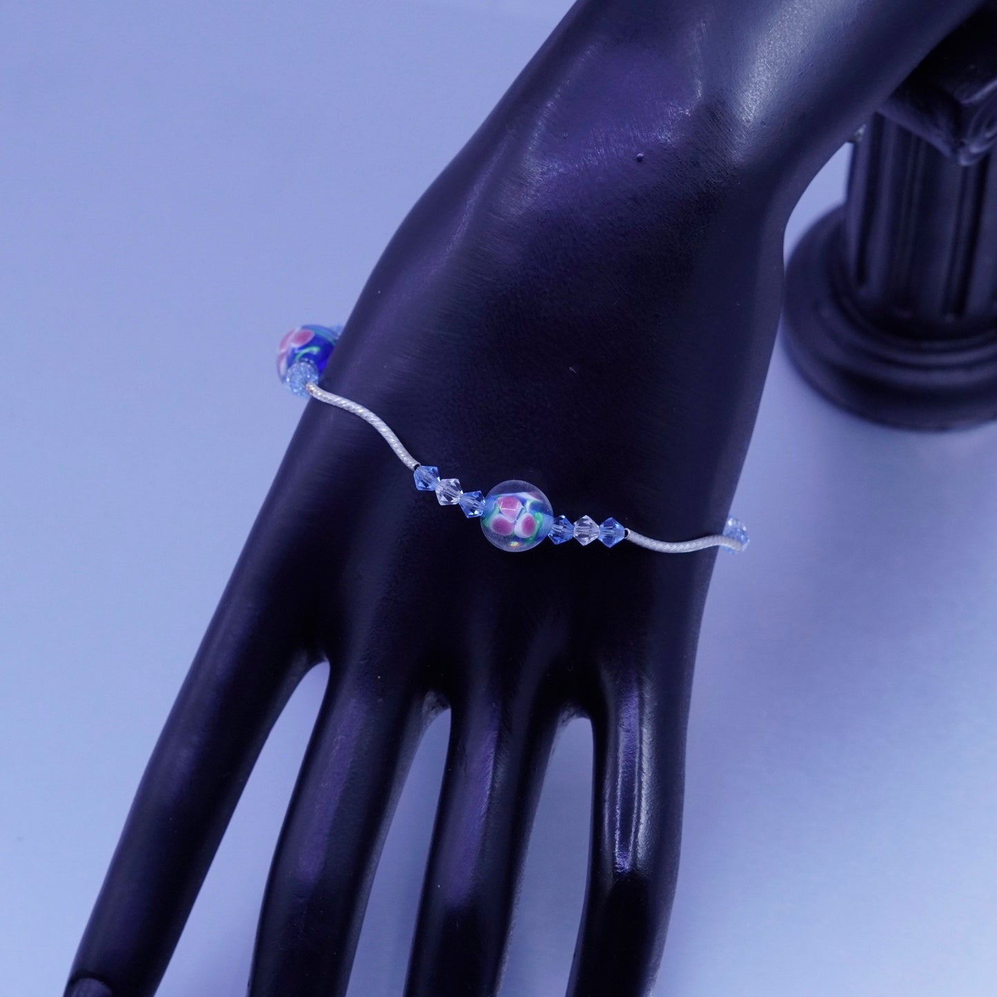 7.25”, jewelry | Sterling 925 silver bracelet, wavy chain floral glass charms