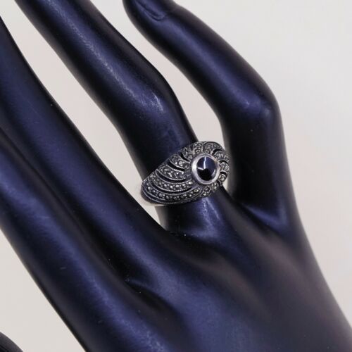 Sz 6, Vtg Sterling Silver Handmade Ring, 925 Silver Band W Obsidian N marcasite