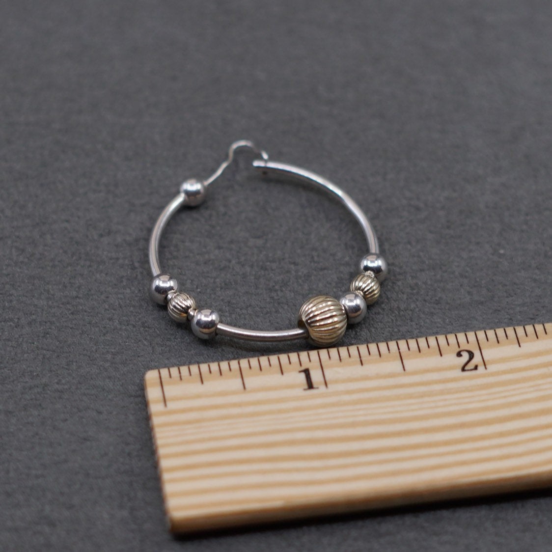 1.5", vtg Two Tone Sterling silver hoops, 925 flatten huggie earrings N beads