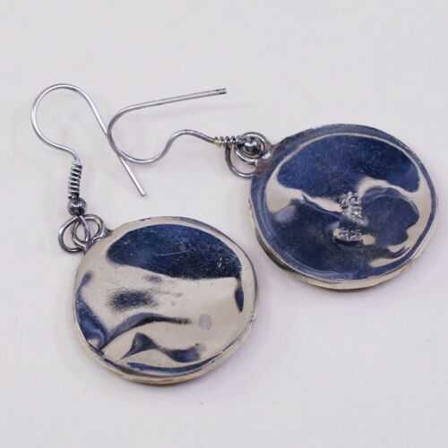 Vtg Mexico Alpaca Silver Handmade Earrings, Round Enamel Disc W/ Mop Flower