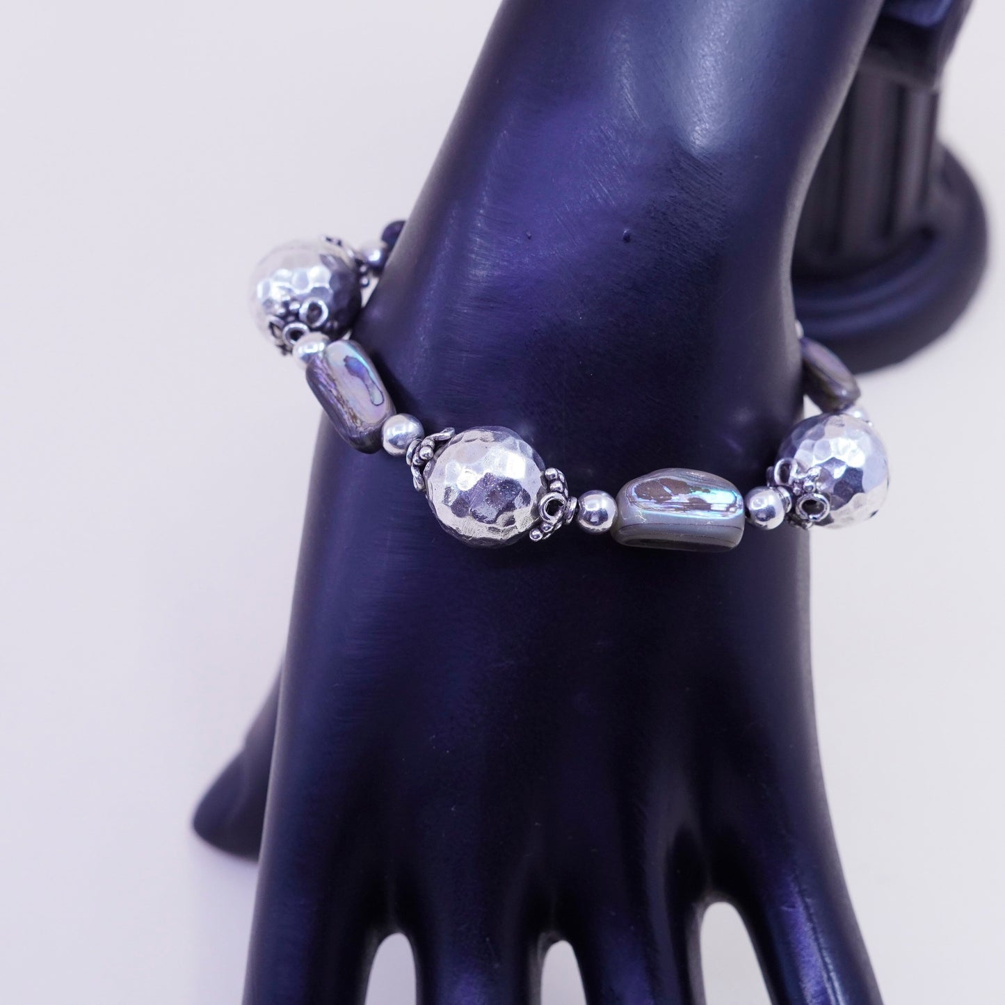 6.25”, vintage Sterling 925 silver bracelet, with hammered abalone beads