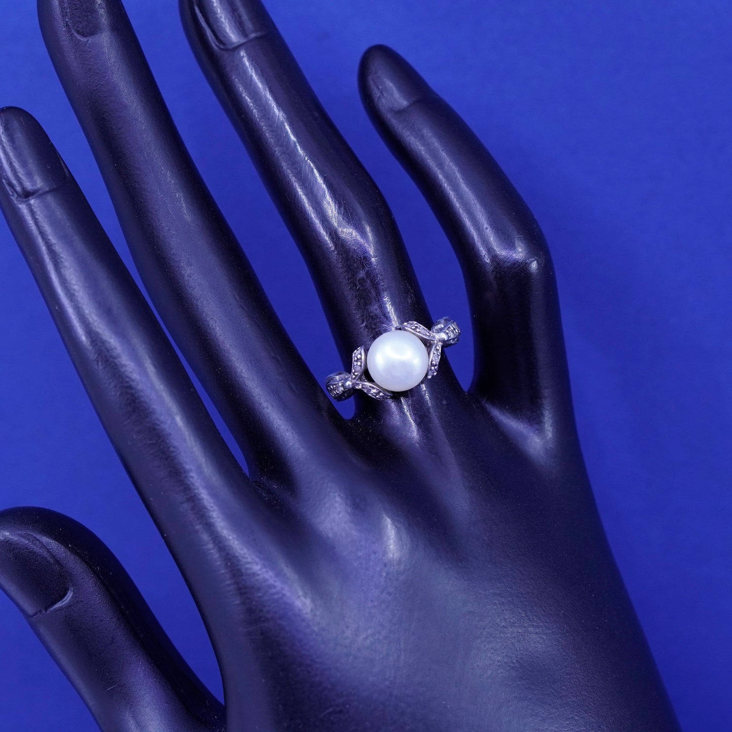 Size 6.5, sterling 925 silver handmade statement ring with pearl and diamond