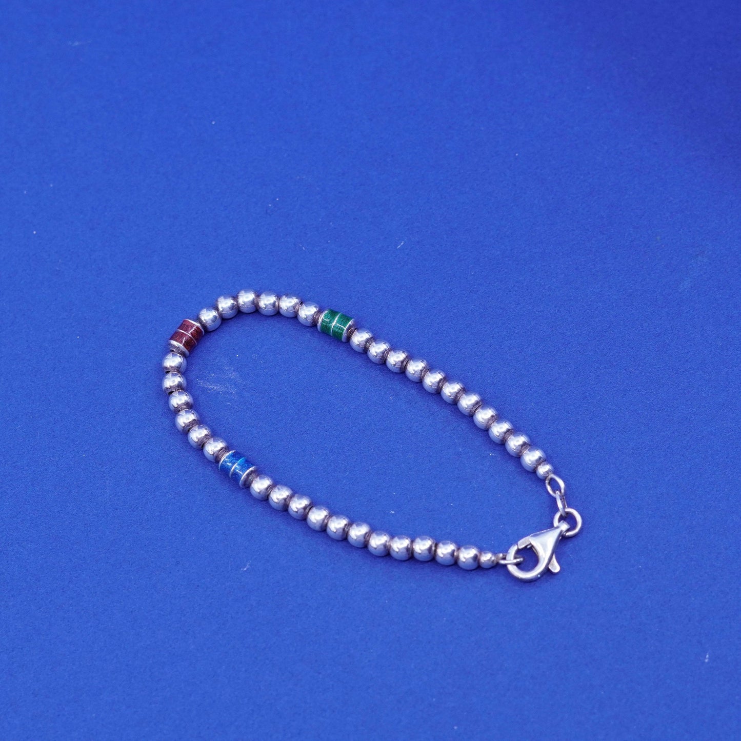 6.75”, vintage sterling 925 silver handmade beads bracelet with enamel
