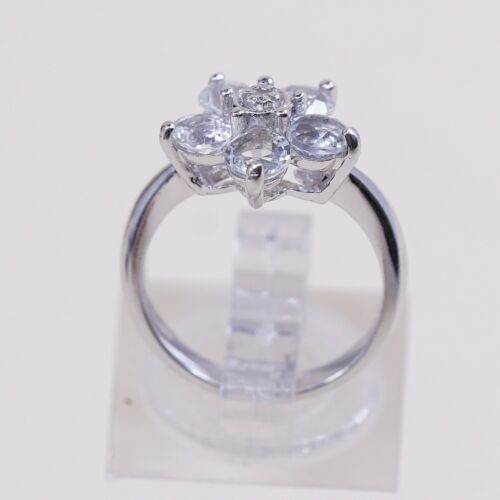 Sz 4, Vtg Sterling 925 Silver Flower Fashion Ring W/ White Sapphire N Diamond