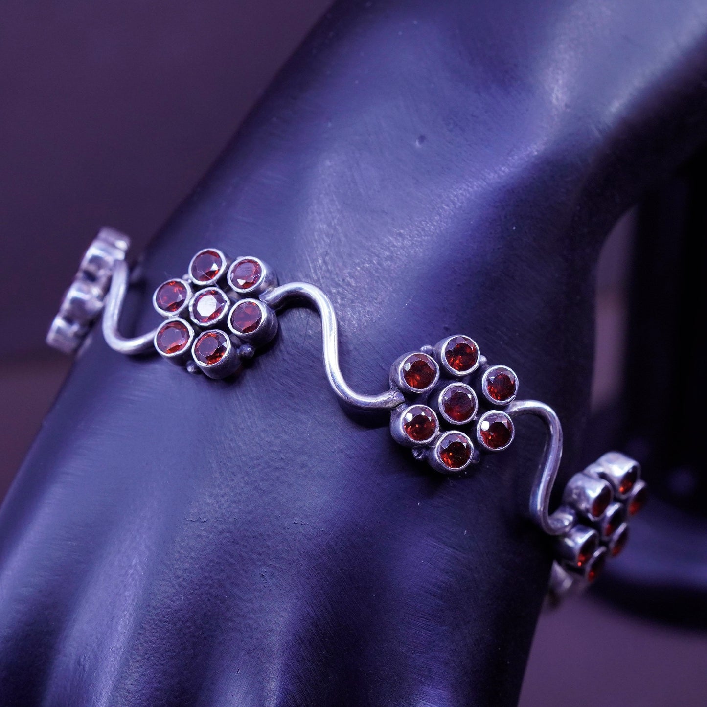 7.5”, southwestern Sterling silver handmade bracelet, 925 bangle ruby flower