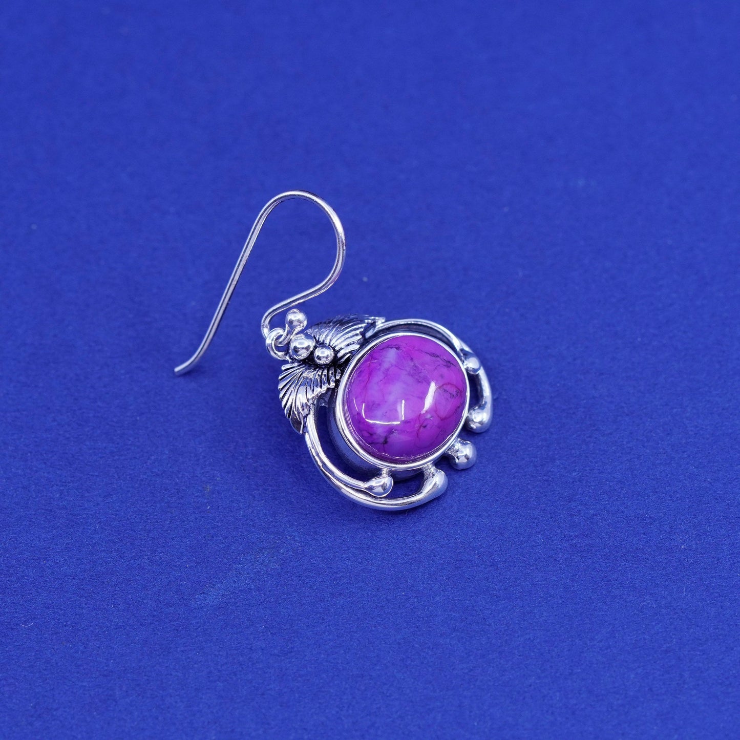 Vintage BBJ Sterling 925 silver handmade earrings with purple turquoise leaves