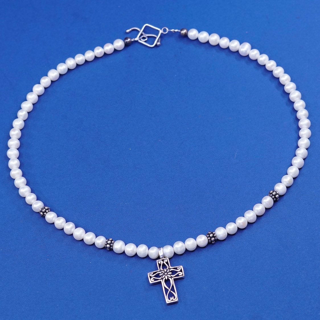 18", vtg Sterling silver handmade necklace, 925 cross pendant and pearl beads