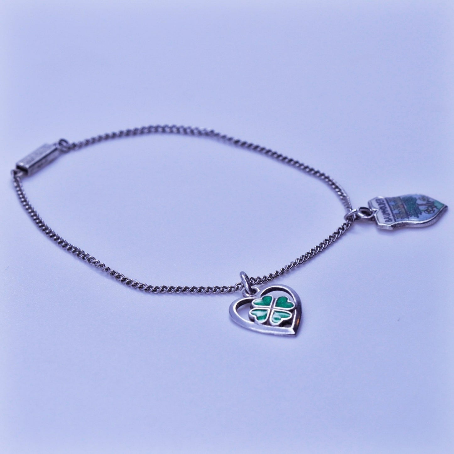 6.5”, Sterling 925 silver handmade bracelet, curb chain clover Baum charms