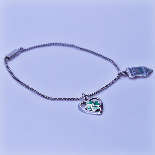 6.5”, Sterling 925 silver handmade bracelet, curb chain clover Baum charms