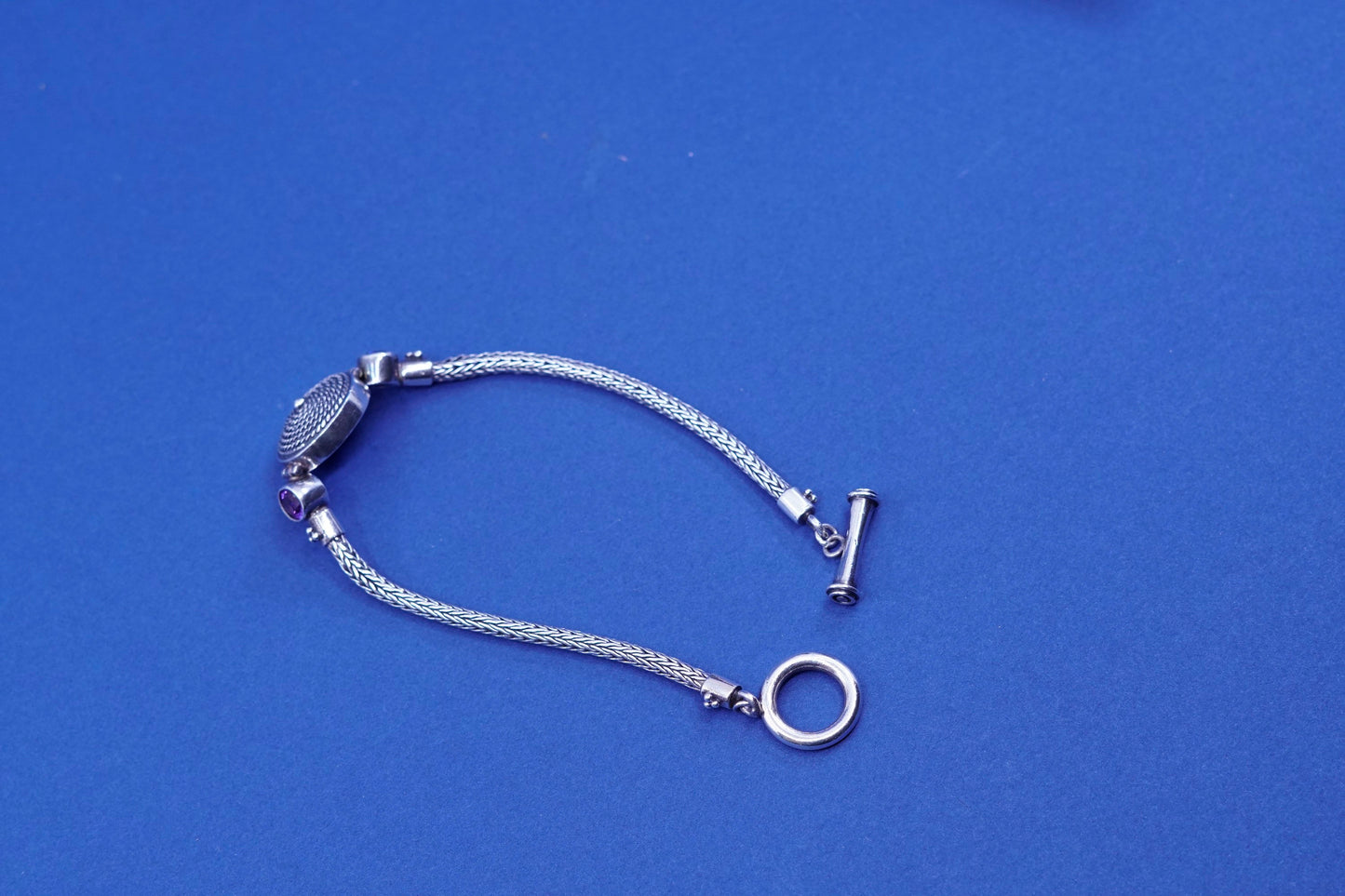 6.75”, GeoArtSterling silver bracelet, bold 925 wheat chain w/ amethyst beads