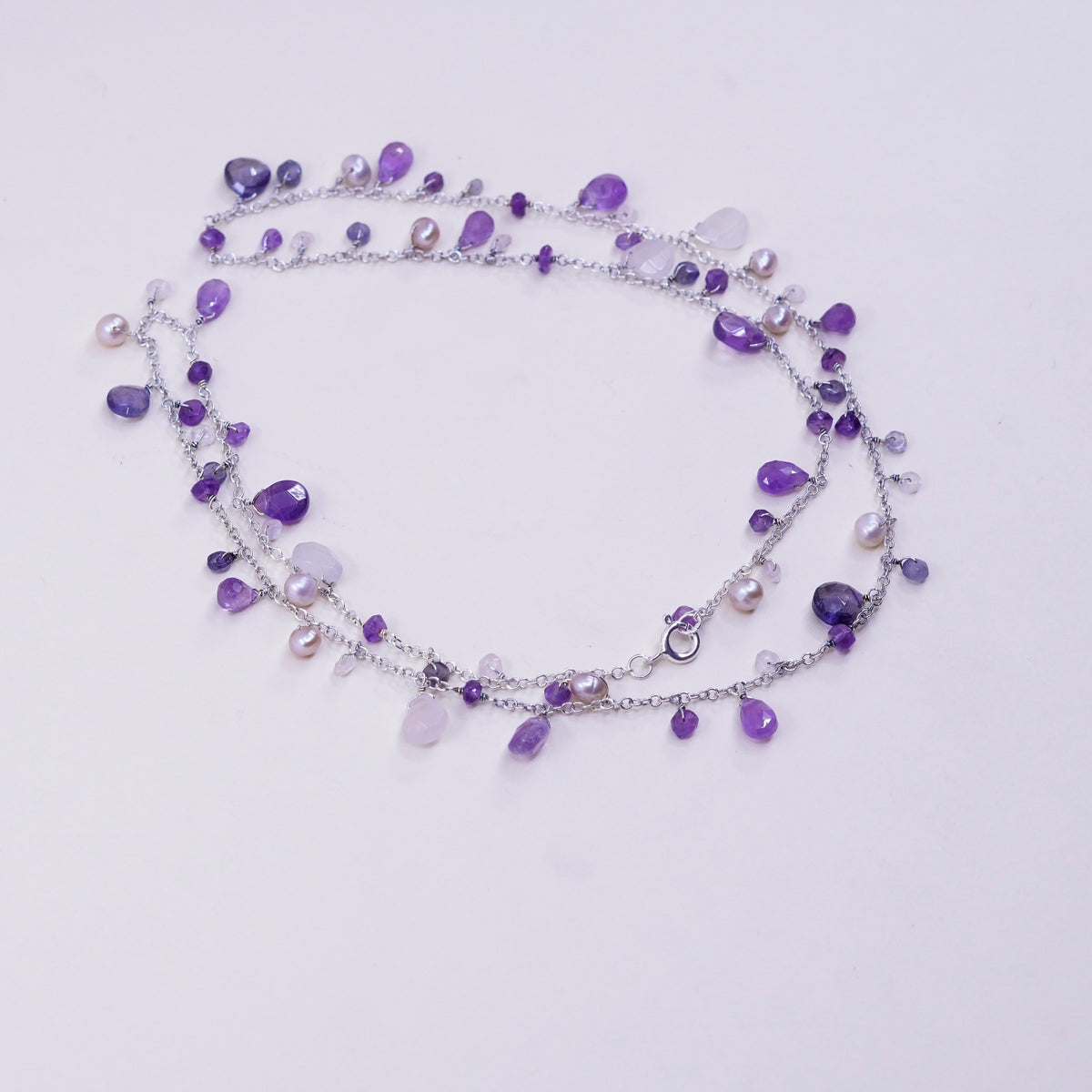 23”, Sterling silver handmade necklace, 925 circle chain amethyst quartz beads