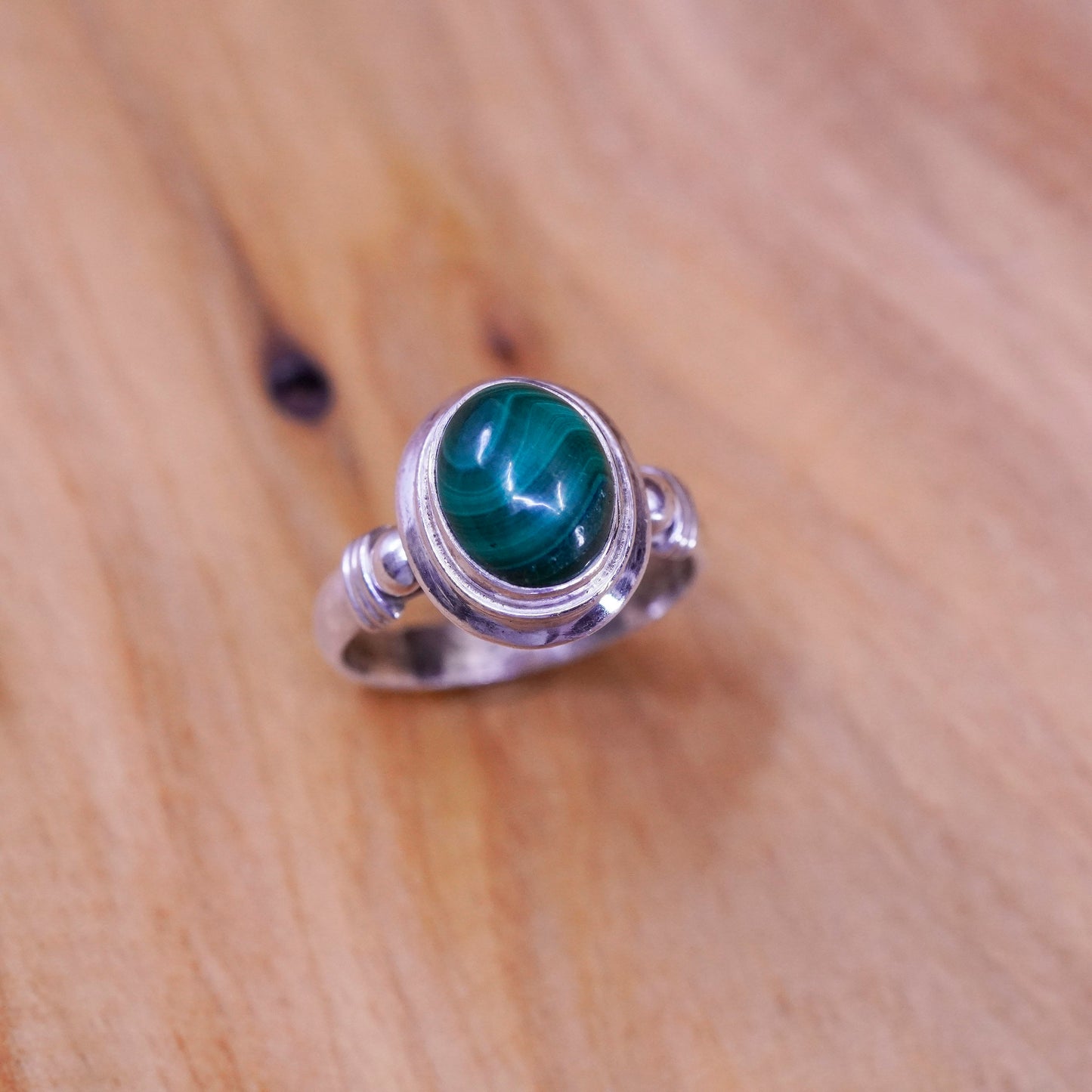 Size 6.5, vintage Mexico Sterling 925 silver handmade ring band with malachite
