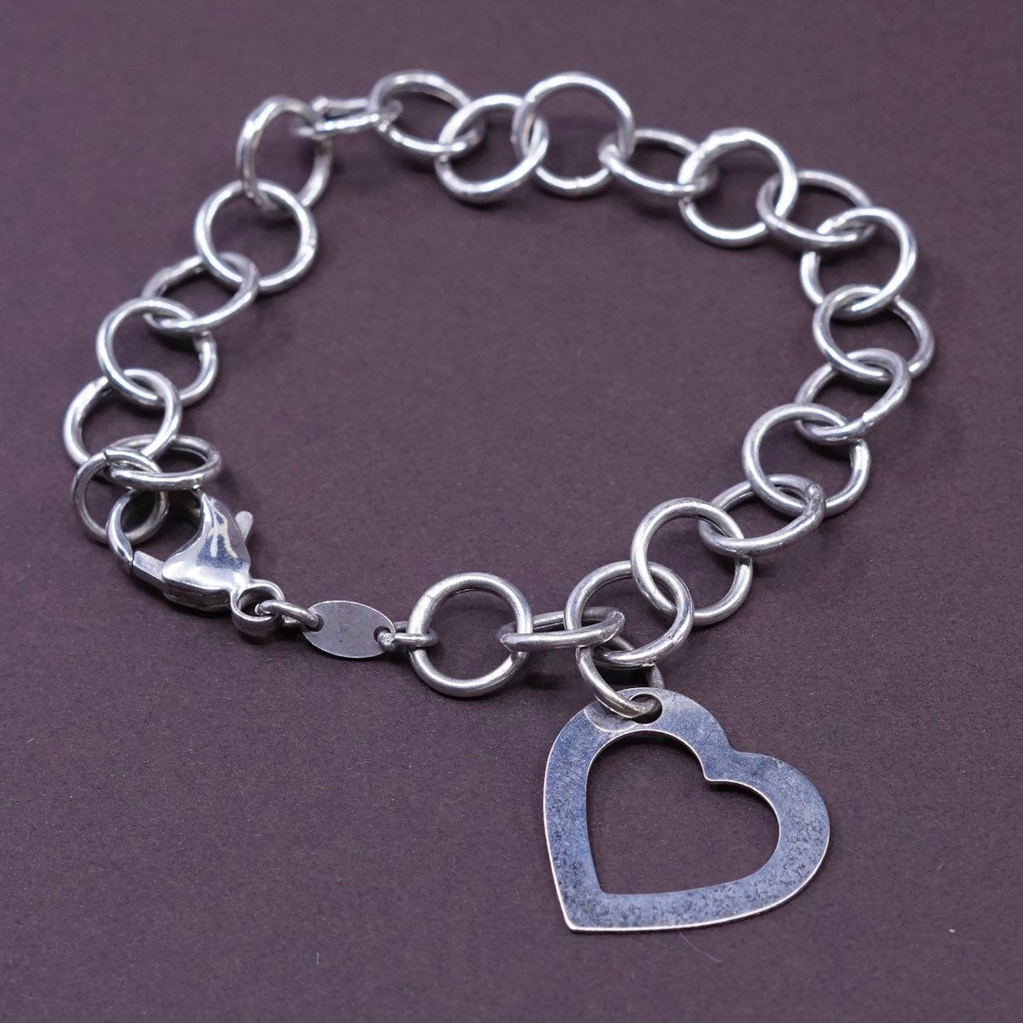 6.5”, Sterling silver handmade bracelet, 925 bold circle chain w/ heart charm