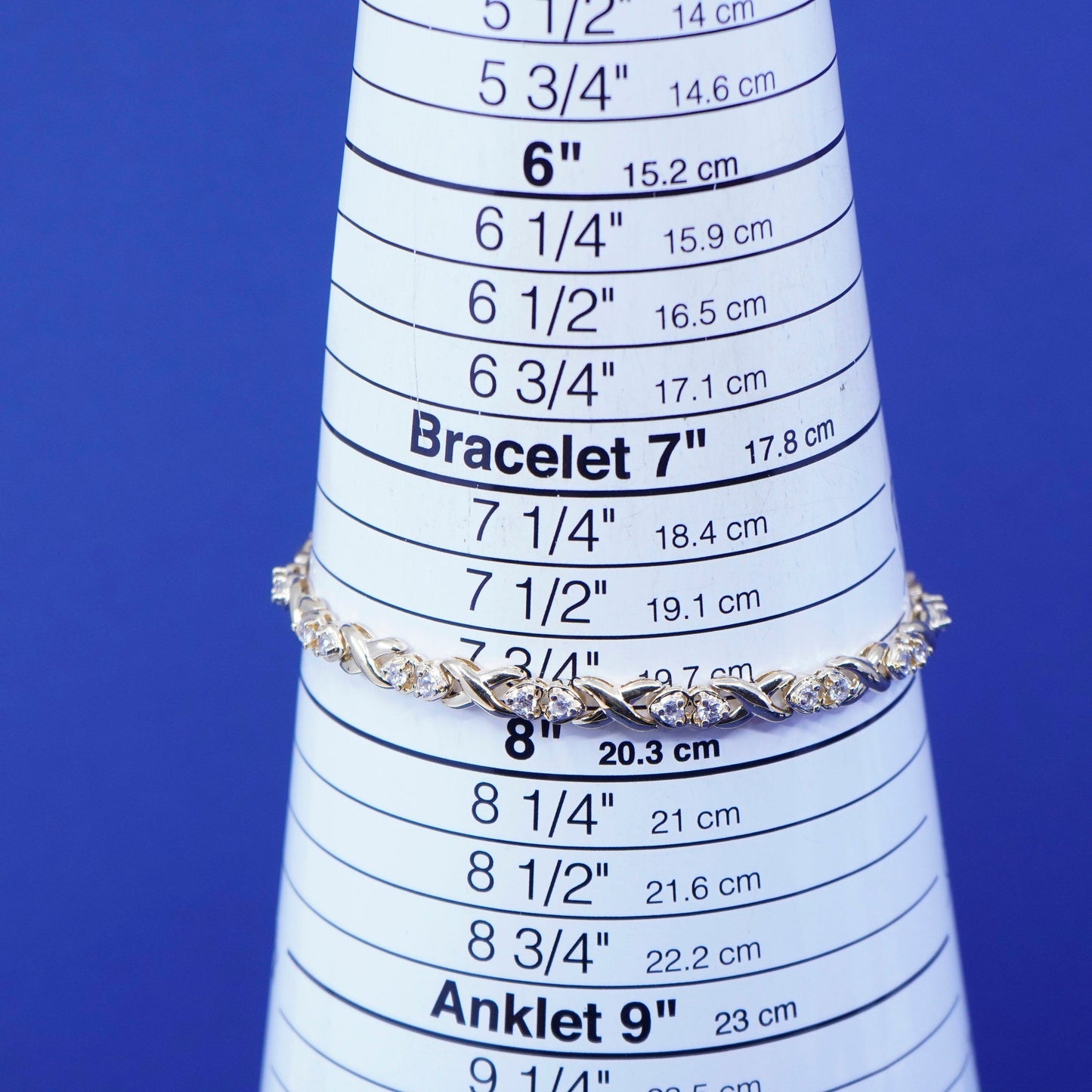 7.75”, vermeil, gold over sterling 925 silver tennis bracelet with heart Cz