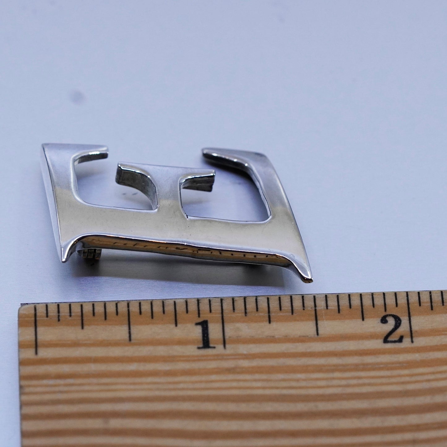 Vintage sterling silver handmade brooch, 925 letter E pin