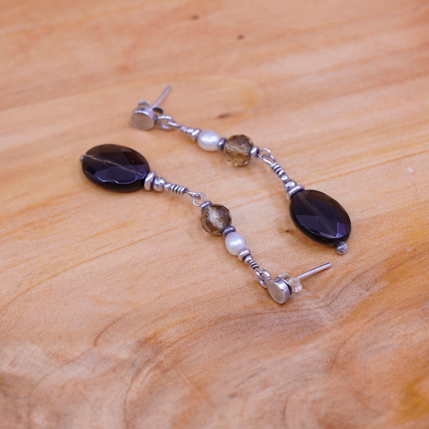 Vintage Sterling 925 silver handmade earrings with oval smoky topaz and pearl