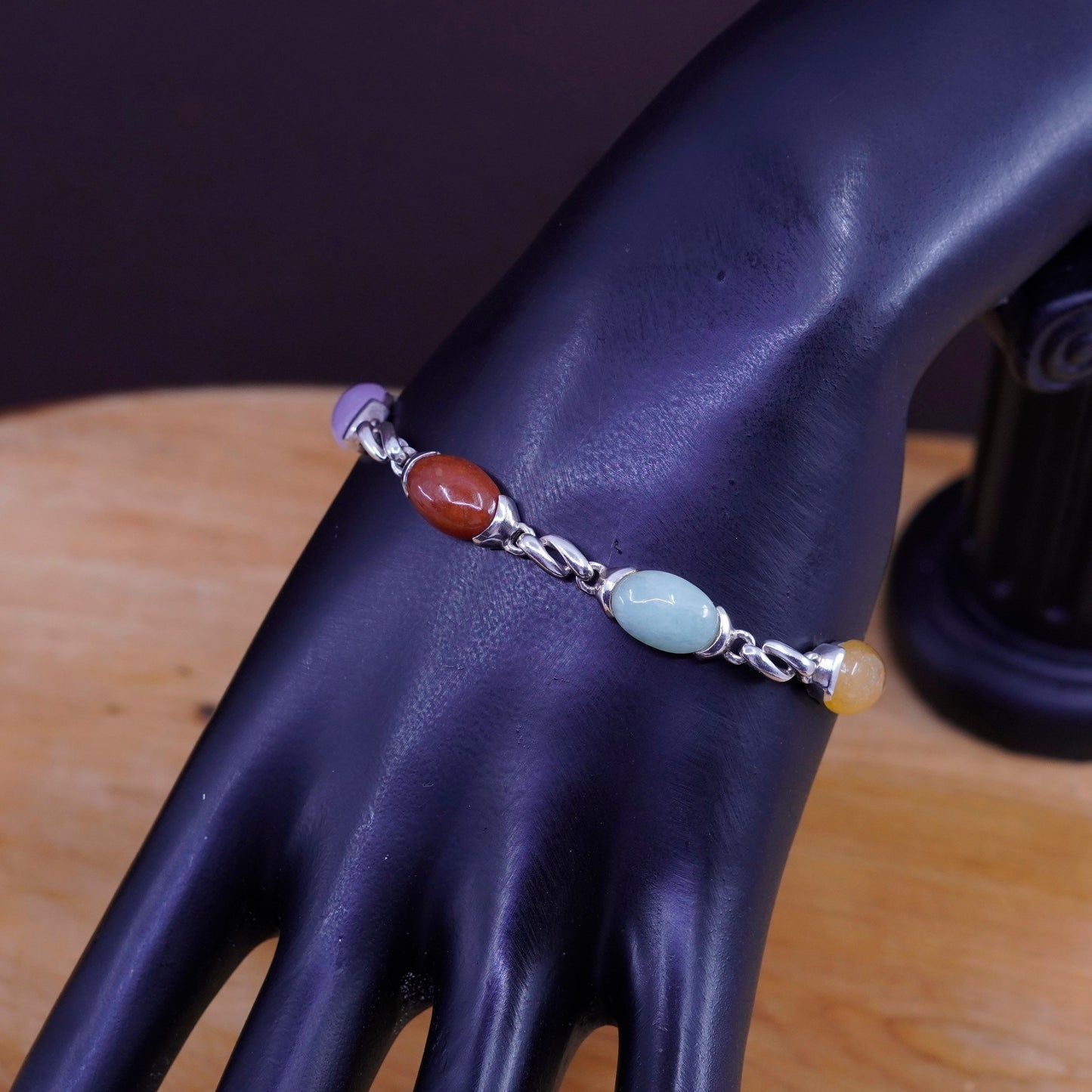 7”, vintage Sterling 925 silver handmade bracelet purple green jade carnelian