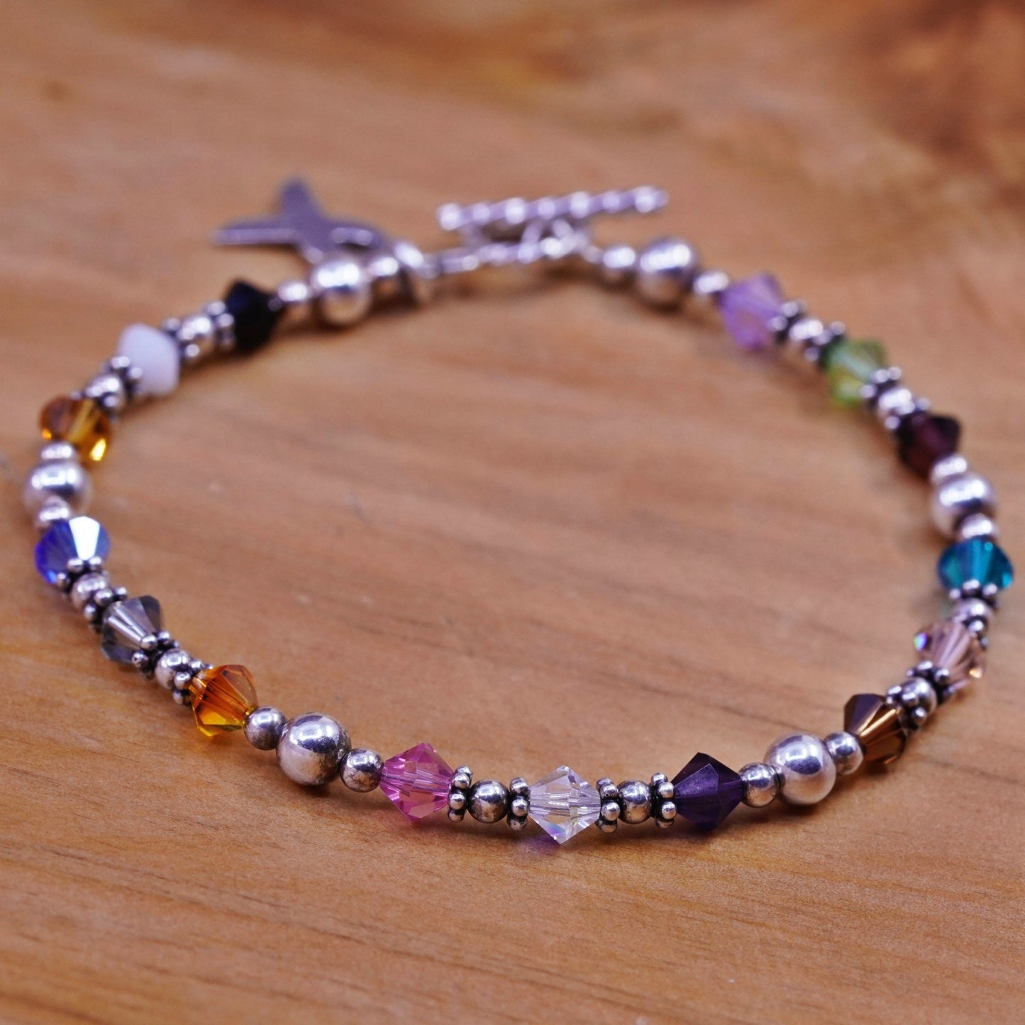 7.25”, handmade pearl beads bracelet crystal Sterling 925 silver ribbon charm