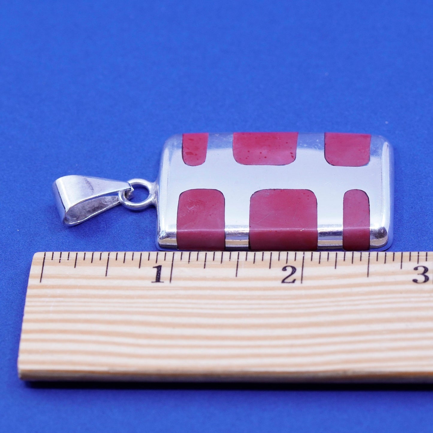 Vintage sterling silver handmade pendant, 925 square with red onyx inlay