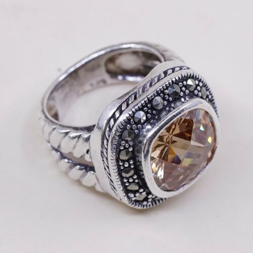 Sz 7, Vtg Sterling Silver Cocktail Ring, 925 W/ Checker Cut citrine n marcasite