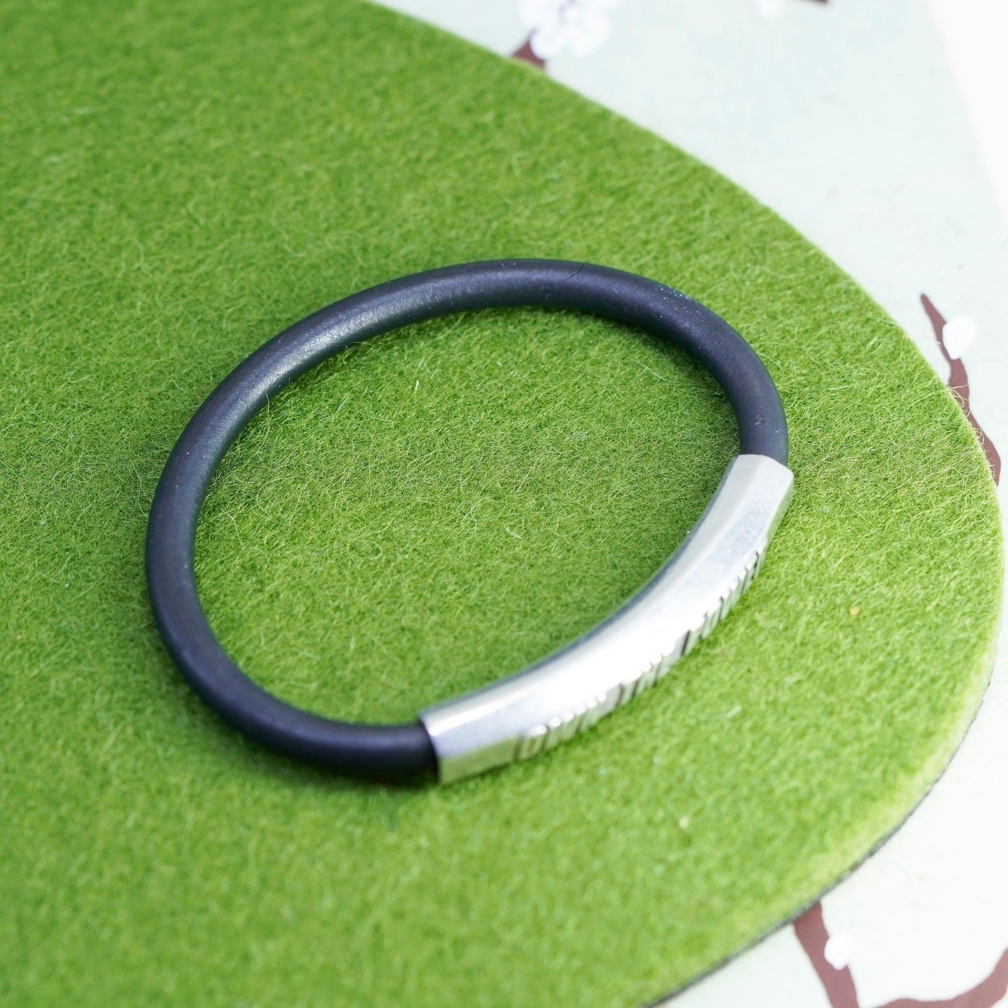 6.25”, black rubber bracelet with sterling 925 silver bar “own the power