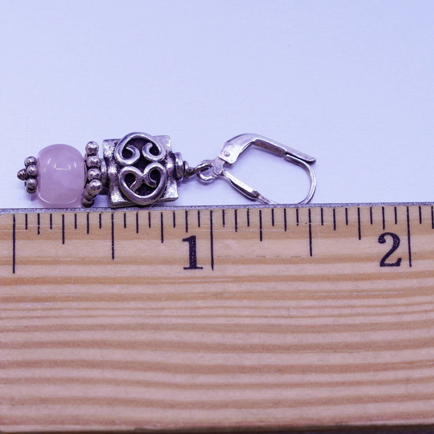 Vintage Sterling 925 silver handmade filigree earrings with pink rose quartz