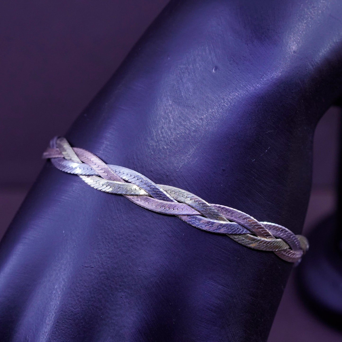 7”, gold Sterling silver braided woven herringbone bracelet Italy 925 Chain