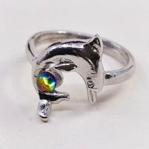 Sz 7, Vtg Silver Tone Dolphin Ring With Colorful Glass Bead