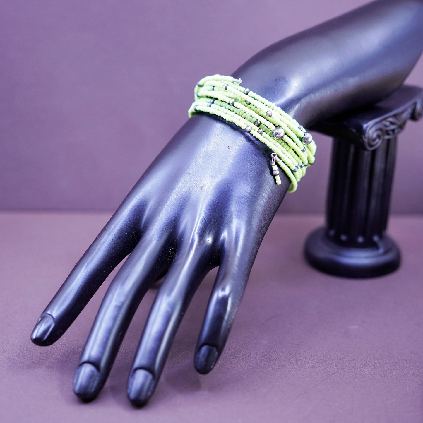 6” handmade green beads wrap around bangle bracelet sterling 925 silver beads