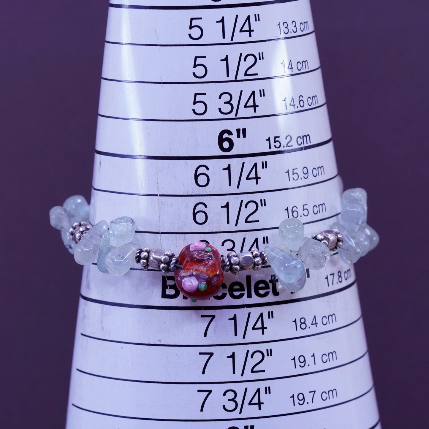 6.75”, Sterling 925 silver handmade bracelet w/ red glass bead teardrop quartz
