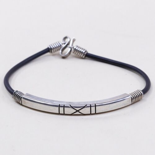 7.25” Vtg Mexico Black Rubber Handmade Bracelet W/ Sterling 925 Silver Slide Bar