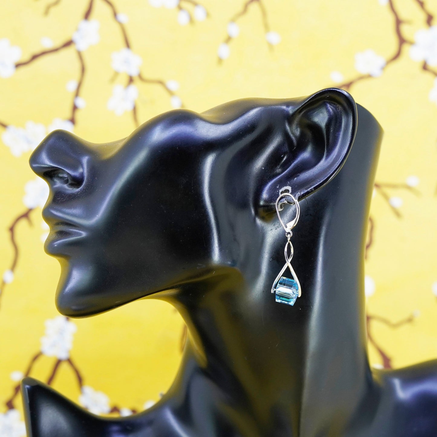 vintage Sterling 925 silver entwined earrings with blue cube crystal