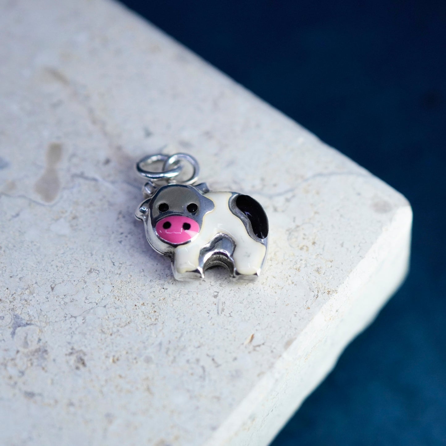Vintage Sterling 925 silver handmade pendant, enamel cow charm