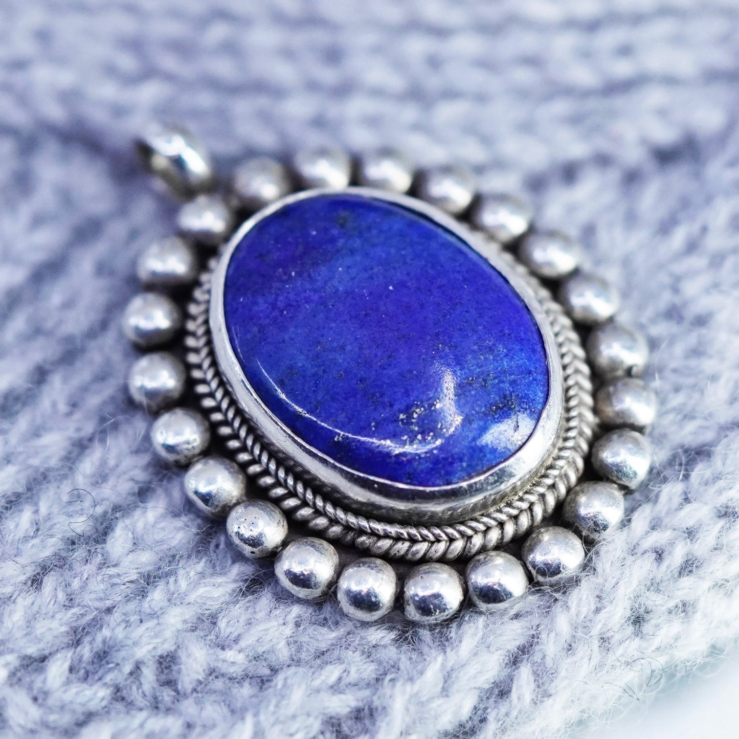southwestern sterling 925 silver handmade beaded pendant with oval lapis lazuli