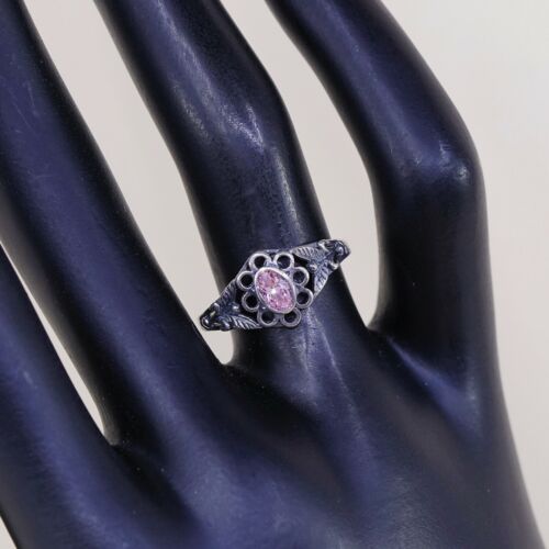 Sz 7.25, Vtg Sterling Silver Ring, 925 Silver Engagement Ring W/ pink Crystal
