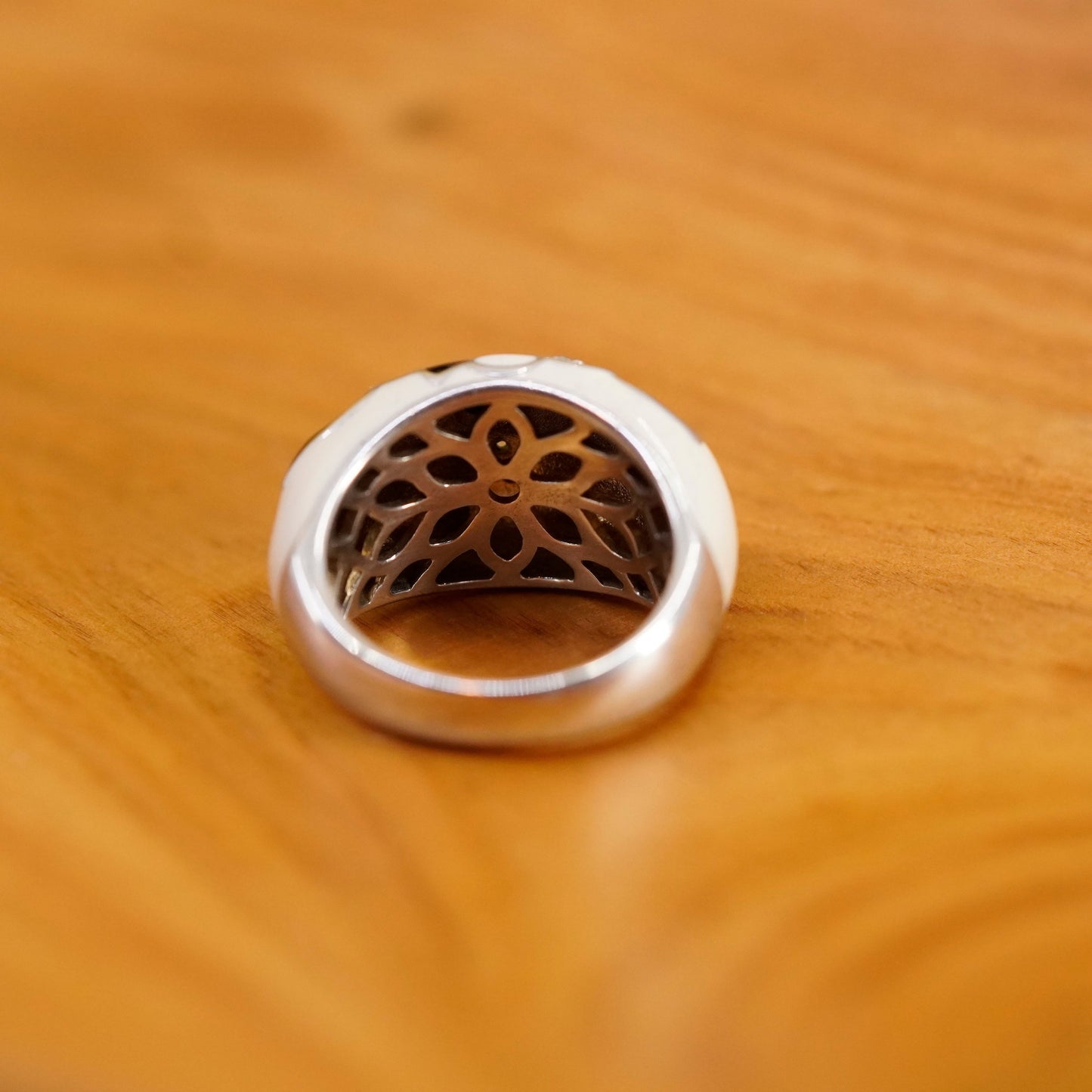 Size 7, vintage sterling 925 silver handmade cocktail band ring black enamel cz