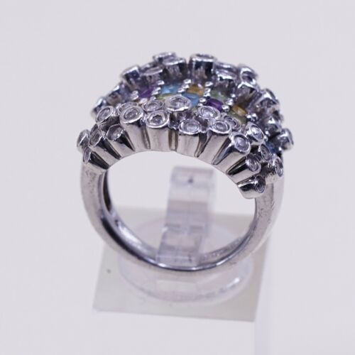 Sz 7.25, Vtg Sterling 925 silver Statement ring W/ Colorful Cluster Quartz