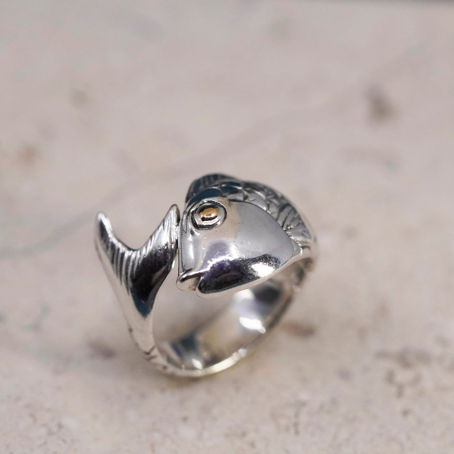 Size 7, vintage Samuel B. Sterling 925 Silver 18k Yellow Gold Fish band Ring