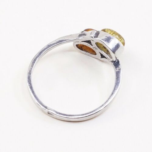 Sz 6.75, Orangle Amber Cabochon Sterling Silver Solitaire Ring, Silver Tested