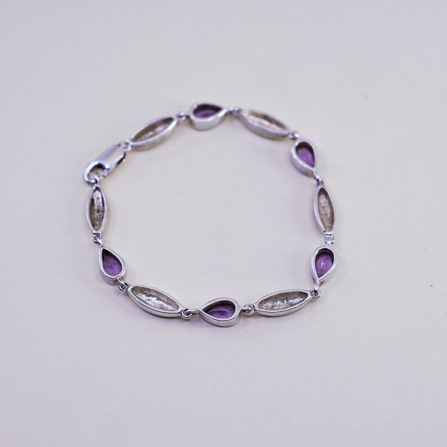7”, Vintage Sterling silver handmade bracelet, 925 chain with teardrop amethyst