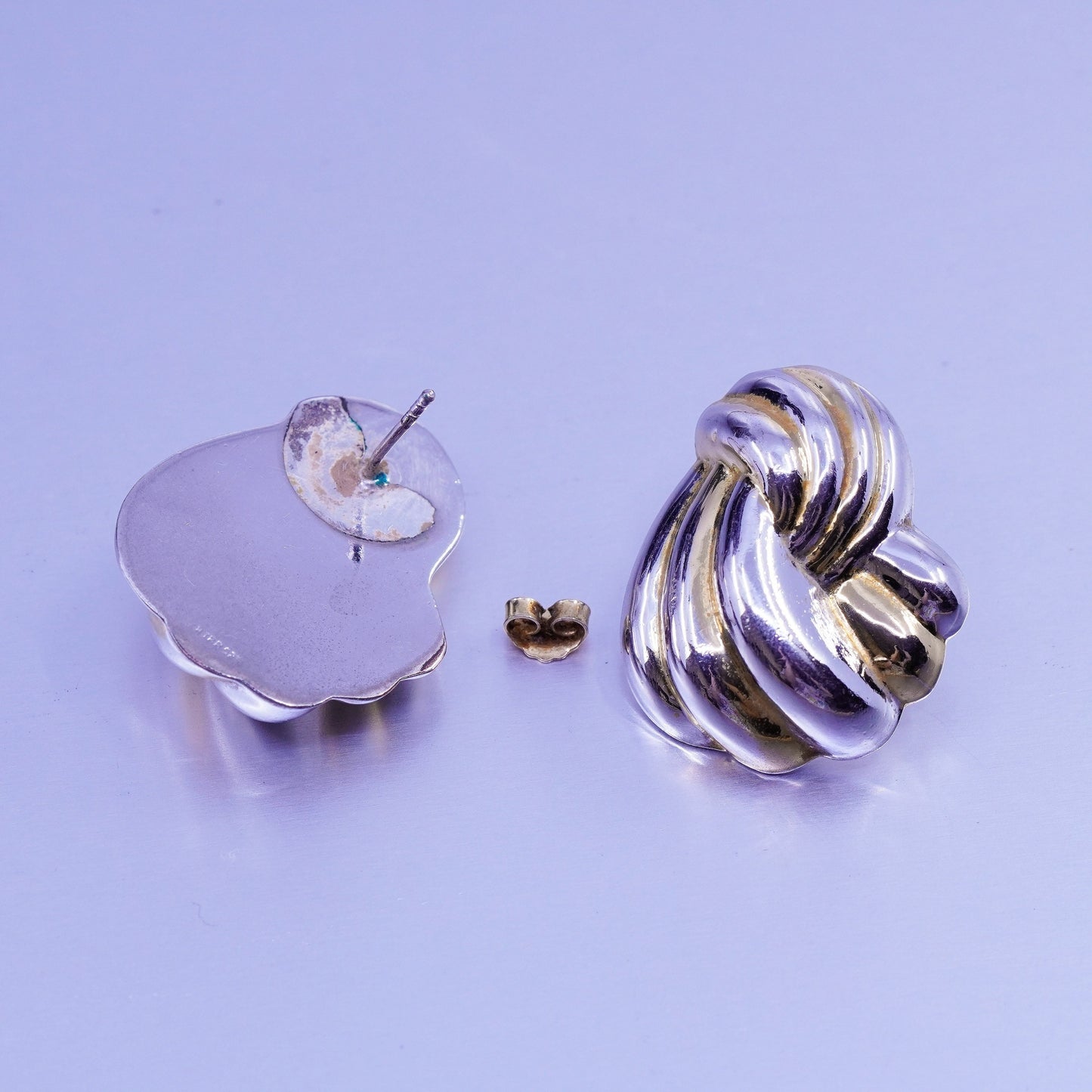 Vintage two tone Sterling 925 silver handmade earrings, wavy ribbed studs