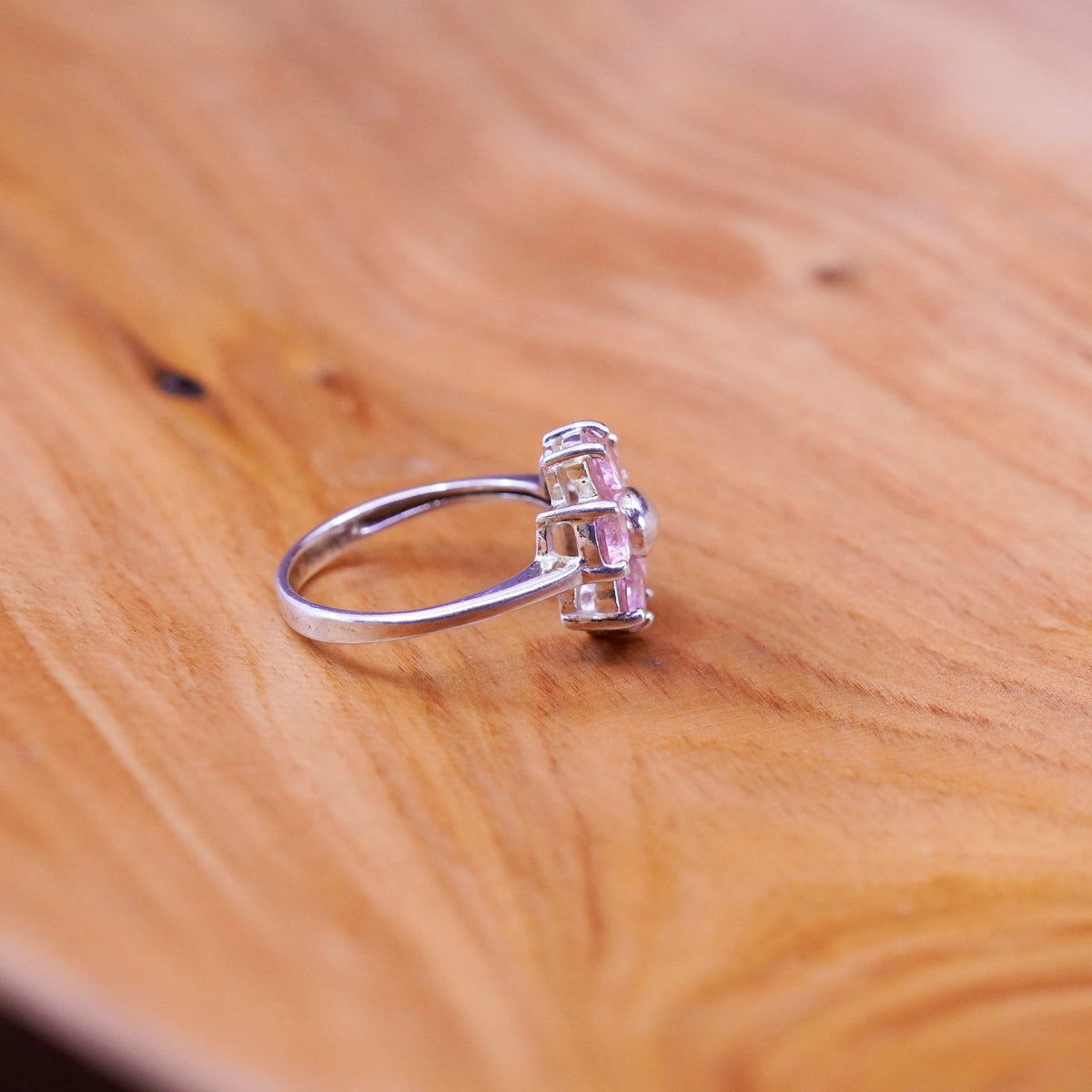 Size 8.25, vintage Sterling 925 silver handmade ring with pink cz flower