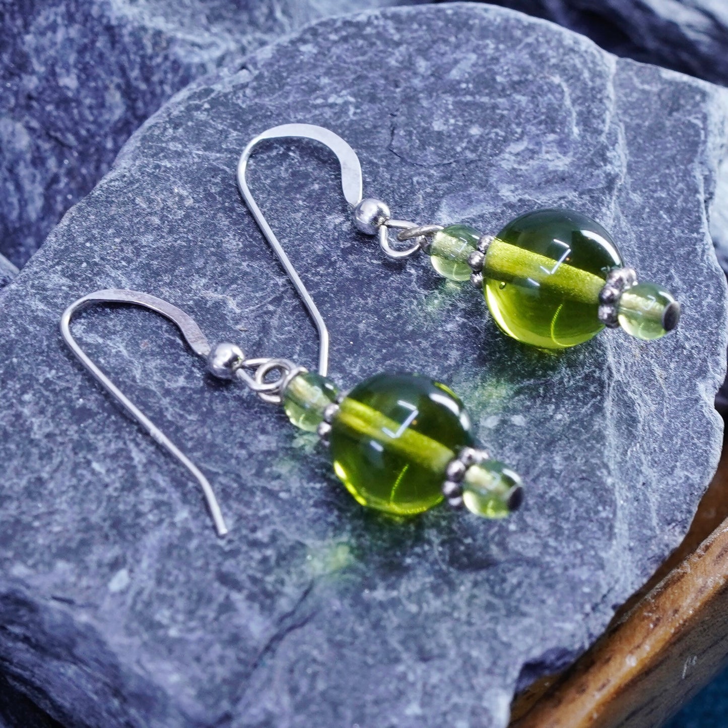 Vintage sterling 925 silver earrings with green cz dangles