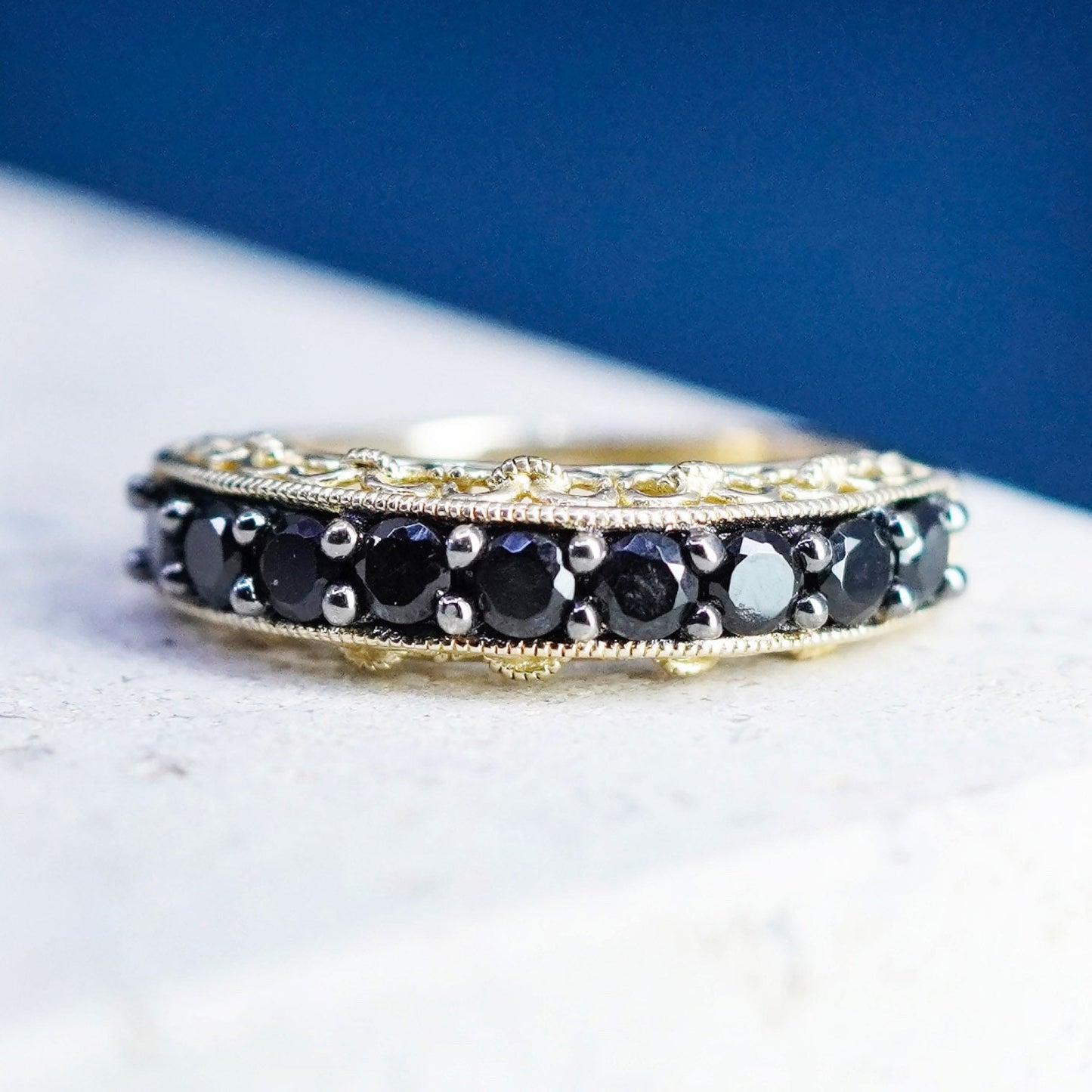 Size 7, Vintage Sterling silver ring, vermeil gold over 925 band with obsidian