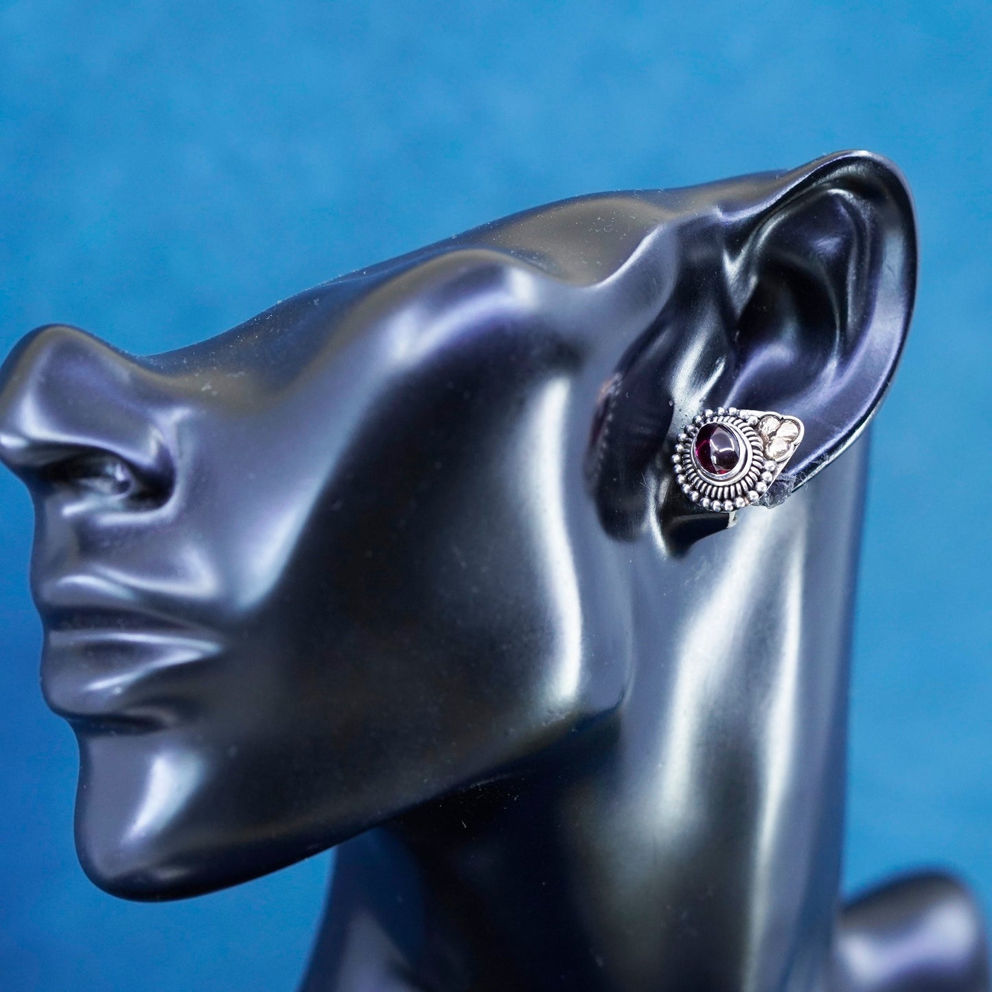 Vintage sterling silver earrings, 925 studs with garnet 12K rose gold leaves