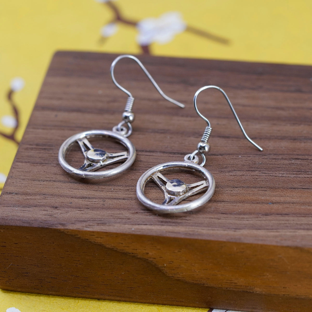 Vintage Sterling silver handmade earrings, 925 wheel dangle