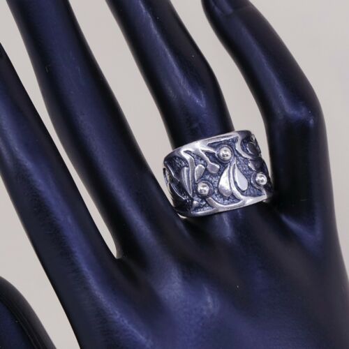 Sz 7.25, Silpada 925 Sterling Silver Handmade Band Ring Embossed Leaves N Beads